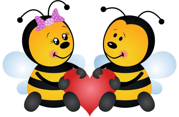 Aranyos Pár Méh Vörös Szívvel — Stock Vector