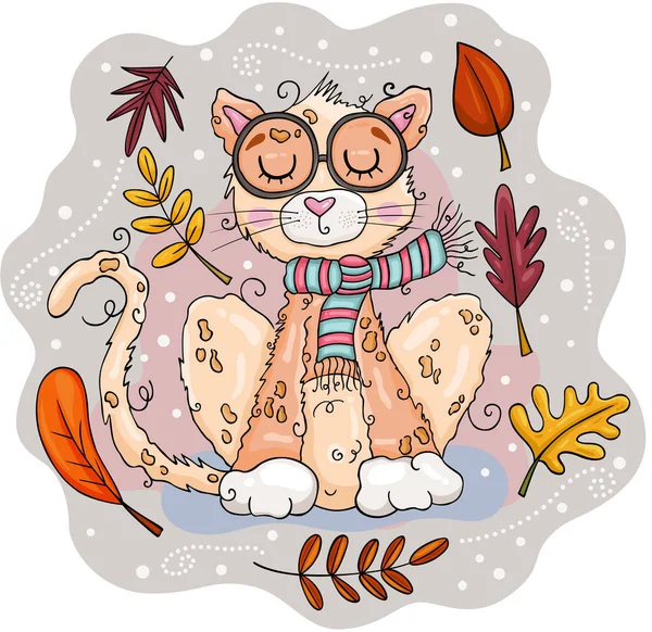 Ilustrace Roztomilé Kočky Šále Podzimními Listy — Stockový vektor