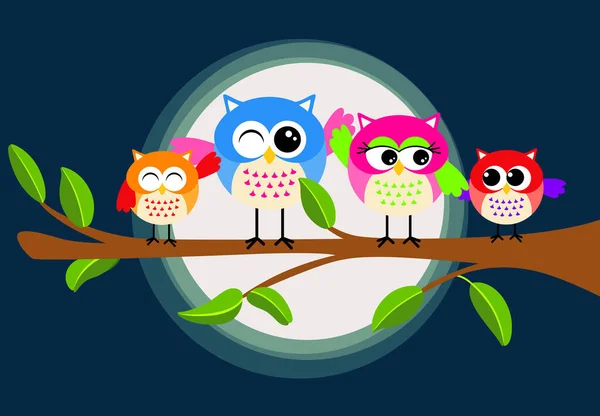 Cute Owl Family Branch — Stock Vector
