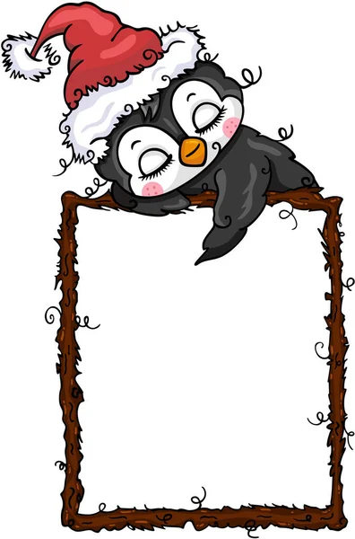 Mignon Pingouin Avec Chapeau Rouge Dormant Avec Cadre Bois Vide — Image vectorielle