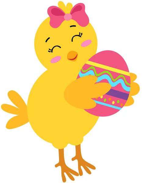 Pollito Amarillo Sosteniendo Huevo Pascua — Vector de stock