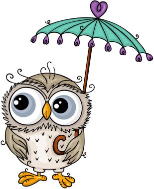 Sevimli baykuş küçük bir şemsiye tutuyor.