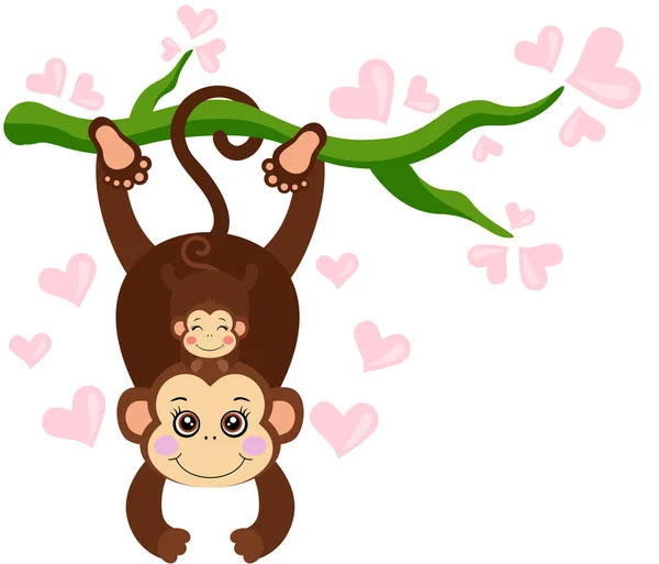 Słodkie Mama Małpa Wisi Drzewo Mały Syn Głowie — Wektor stockowy