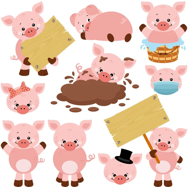 Fun Package Cute Pink Pig Set Digital Elements — Vettoriale Stock