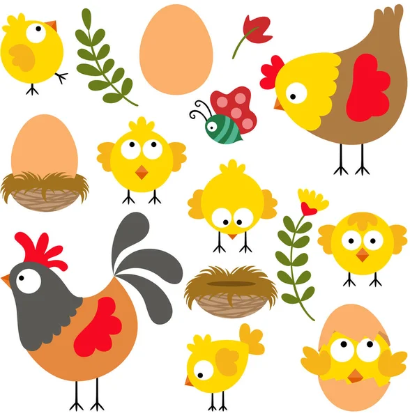 Paquet Amusant Poules Poussins Avec Des Éléments Numériques Ensemble — Image vectorielle