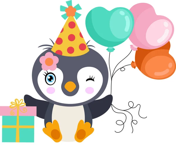 Mignon Pingouin Fête Anniversaire Avec Des Ballons Cadeau — Image vectorielle