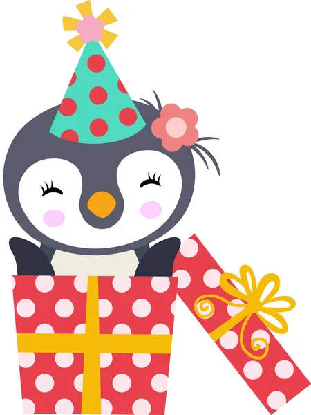 Lindo Pingüino Fuera Una Caja Regalo Feliz Cumpleaños — Archivo Imágenes Vectoriales