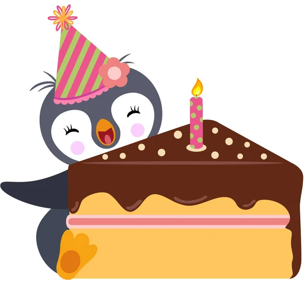 Pinguino Felice Con Torta Compleanno — Vettoriale Stock