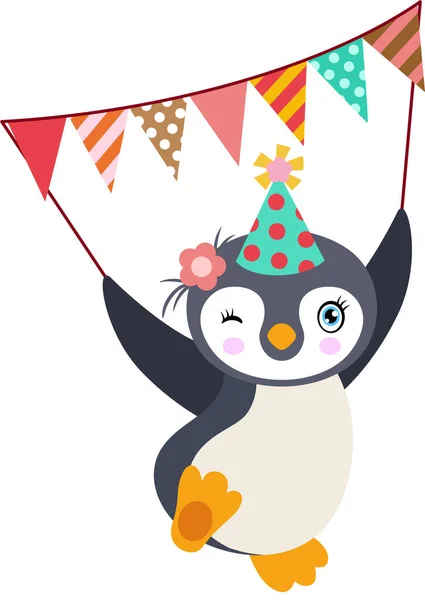 Glücklicher Pinguin Mit Parteifahne — Stockvektor