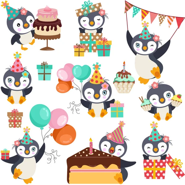 Leuk Pakket Van Happy Birthday Party Pinguïn Set Digitale Elementen — Stockvector