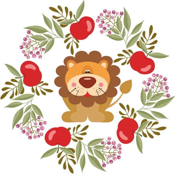 Cute Lion Spring Circle Frame Made Apples — Archivo Imágenes Vectoriales