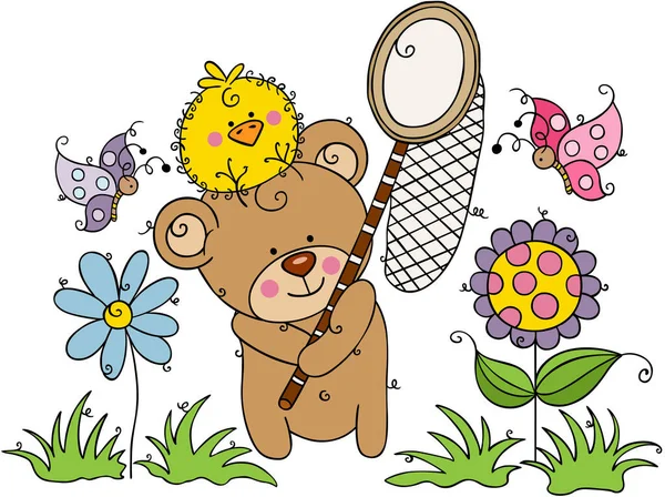 Lindo Oso Peluche Con Mariposas Caza Aves — Archivo Imágenes Vectoriales