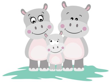 Anne, baba ve bebekle komik bir hipopotam ailesi.