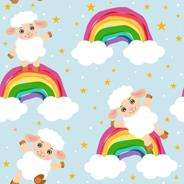 可爱的小羊和彩虹的无缝图案 — 图库矢量图片
