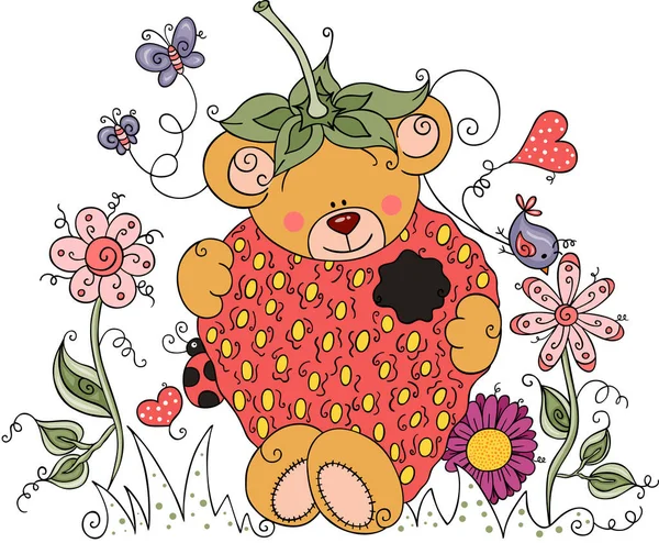 Osito Peluche Fresa Jardín Con Flores Mariposas — Vector de stock