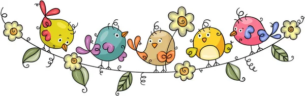 Pajaritos Graciosos Cuerda Flores Hojas — Vector de stock