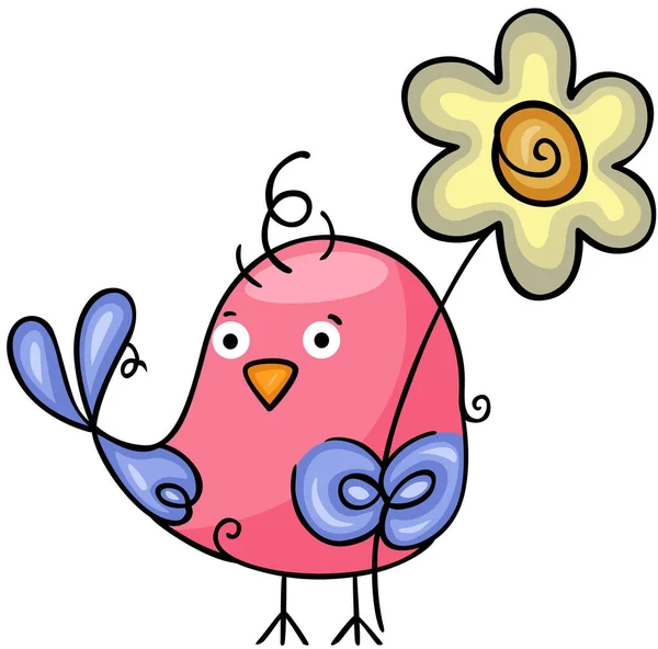 Little Pink Bird Holding Flower — Stock Vector