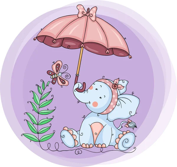 Illustration Cute Elephant Funny Umbrella Butterfly — Stock Vector