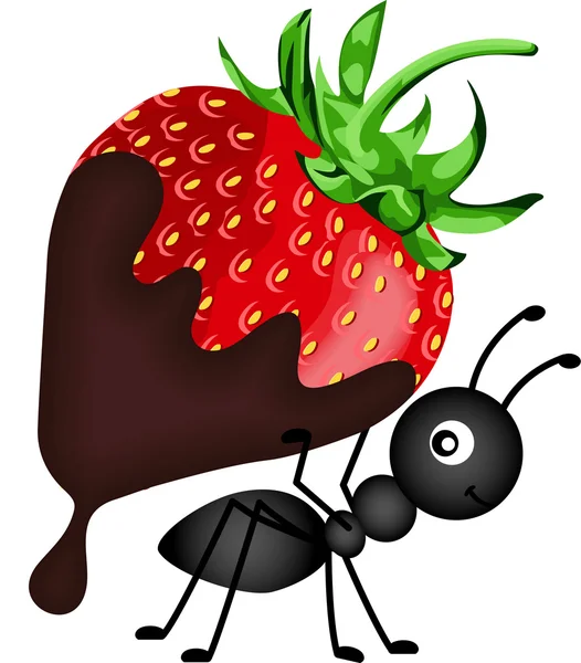 Ant carrying strawberry with chocolate sauce — Stock Vector