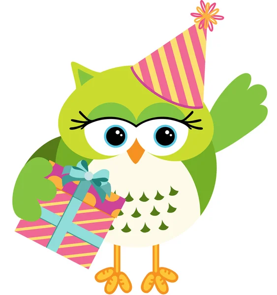 Hibou d'anniversaire avec boîte cadeau — Image vectorielle