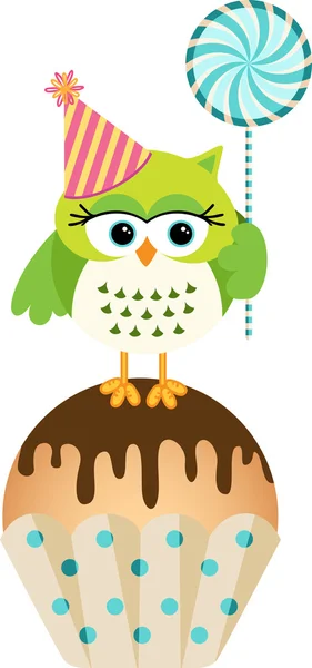 Owl with lollipop and birthday cake — Stock Vector