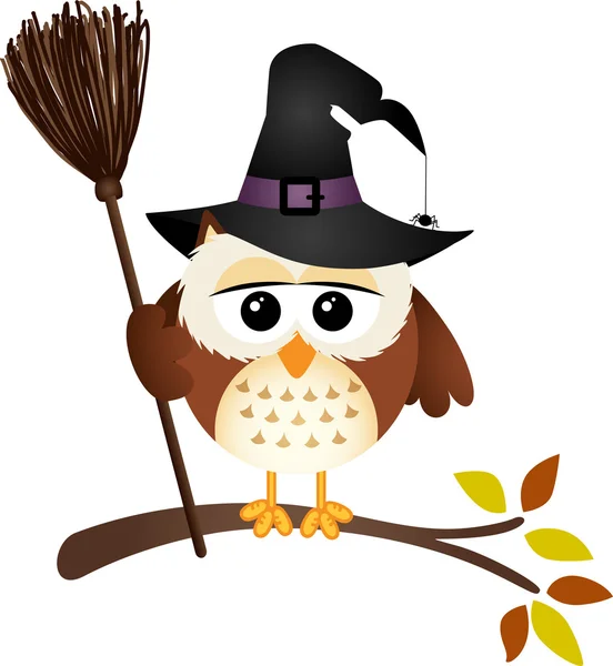 Halloween owl with witch broom — Stock Vector