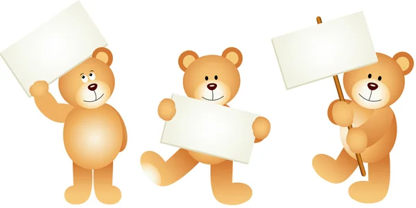 Three teddy bears with signboards — Stock Vector