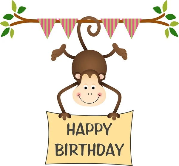 Hanging monkey holding a happy birthday sign — Stock Vector