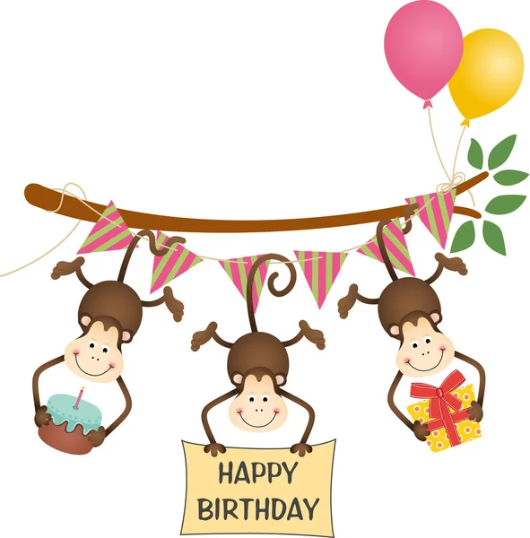 Cute three monkeys happy birthday — Stock Vector