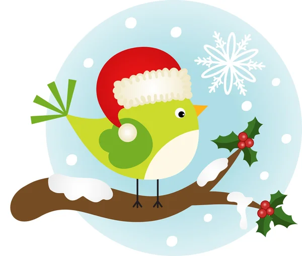 Christmas bird on holly branch — Stock Vector