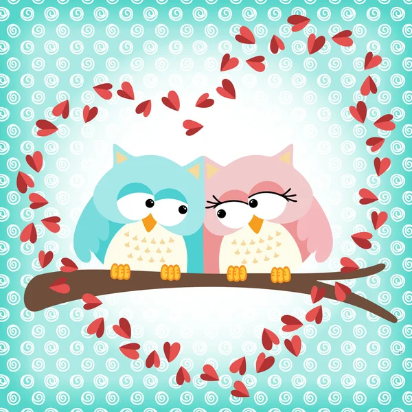 Cute owls couple with love heart — Stock Vector