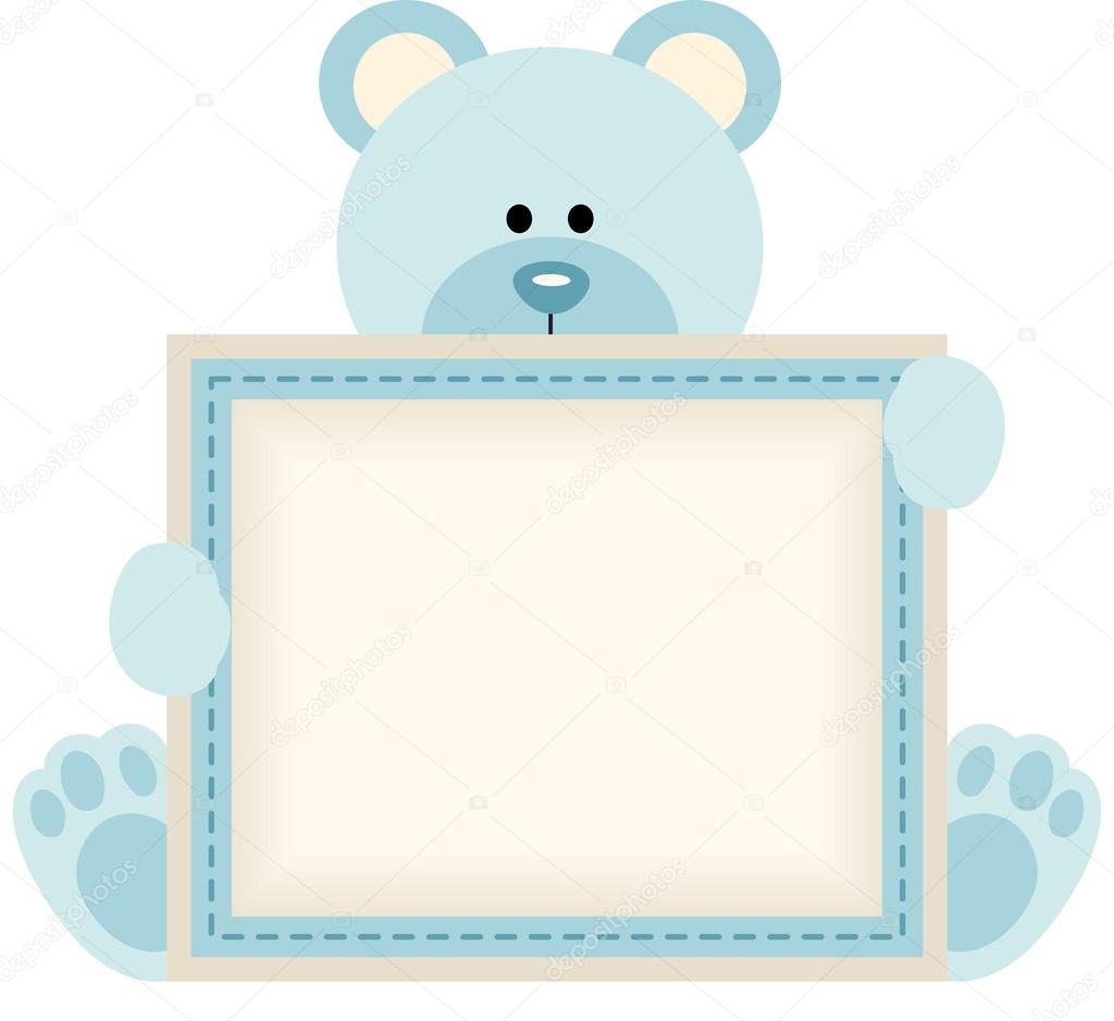 Cute teddy bear holding blank sign for baby boy announcement