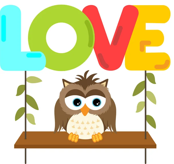 Owl on a swing with love word letters — Stock Vector