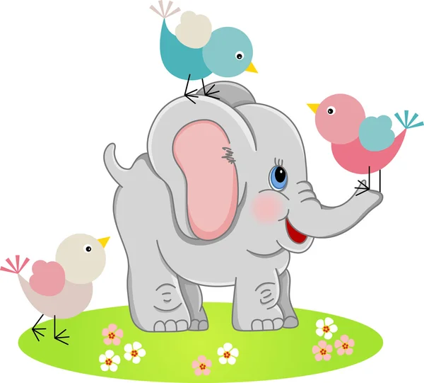 Éléphant mignon avec trois oiseaux — Image vectorielle