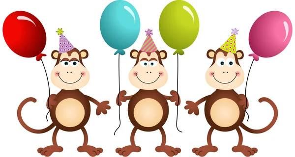 Monos de cumpleaños con globos — Vector de stock