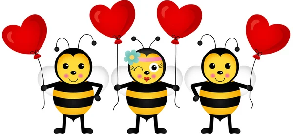 Abejas lindas con globos del corazón — Vector de stock