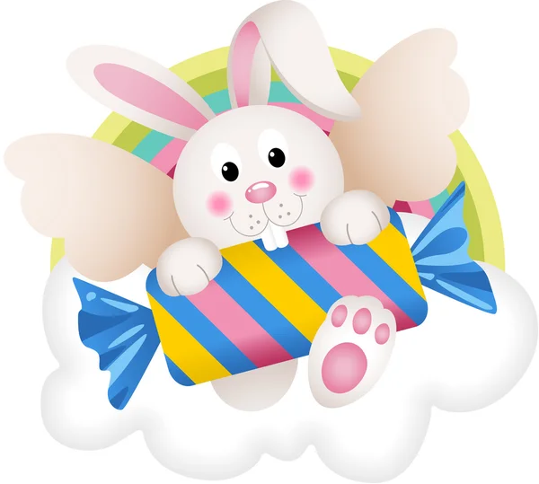Bunny engel met suikergoed op de wolk — Stockvector