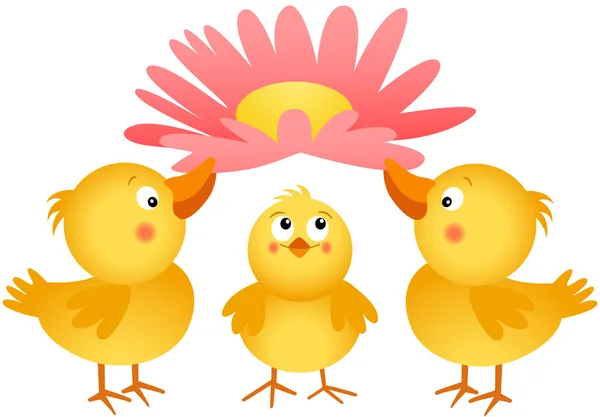 Three little chicks with flower — Stock Vector
