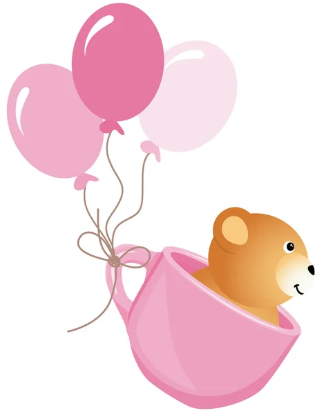 Teddybär fliegt in rosa Tasse mit Luftballons — Stockvektor