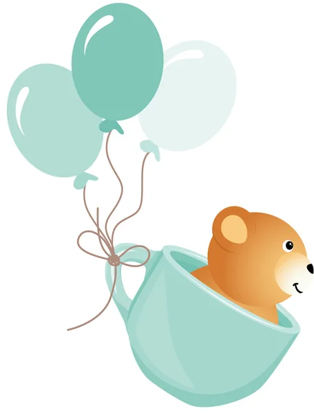 Teddy bear flying in blue cup with balloons — Stock Vector