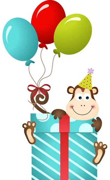 Birthday monkey on gift box — Stock Vector