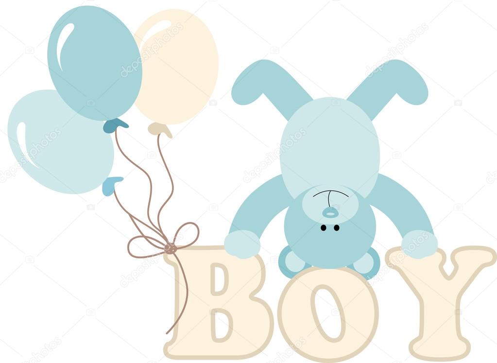 Word boy with baby teddy bear and balloons