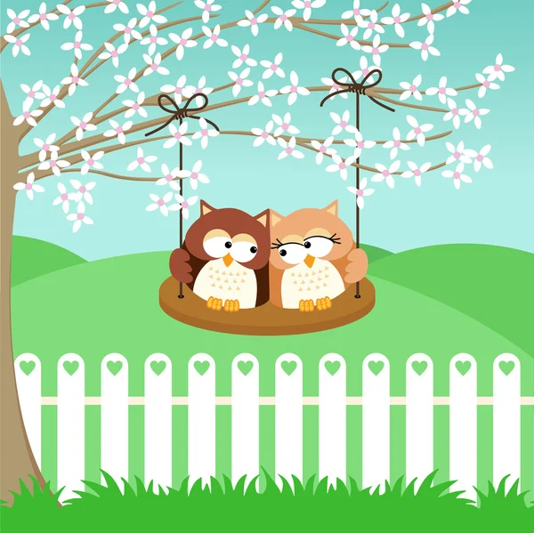 Couple owls on swing — Stok Vektör