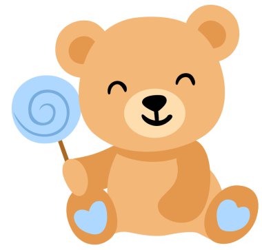 Neşeli Ayı Teddy Tatlı Mavi Lolipopun tadını çıkarıyor