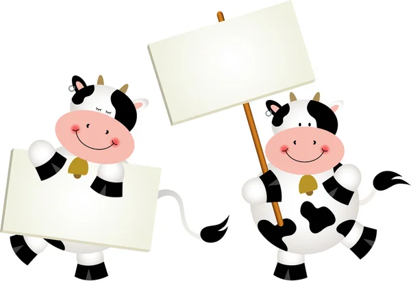 Pareja de vacas con letreros — Vector de stock