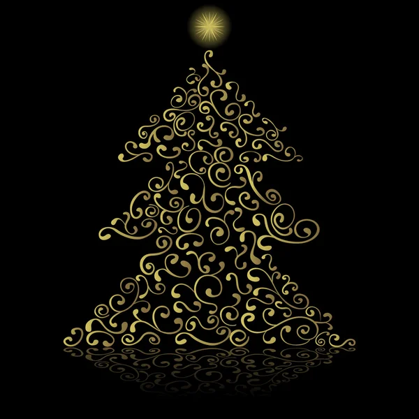 Floral árvore de Natal dourada no fundo preto — Vetor de Stock