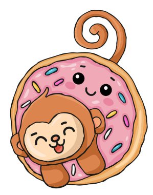 Şirin Küçük Maymun Dev Pembe Donutu Kucaklıyor