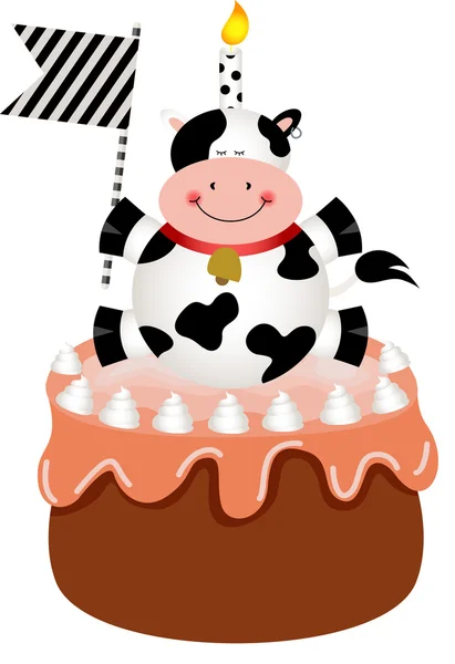 Mucca divertente sulla torta di compleanno — Vettoriale Stock