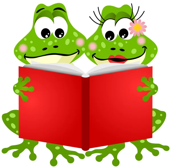 Carino coppia rana leggendo un libro — Vettoriale Stock