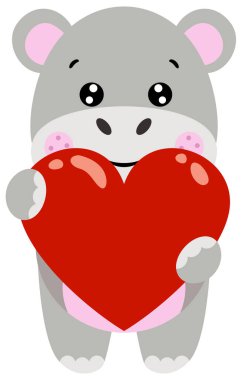 Sevimli Küçük Hippo Büyük Kırmızı Kalp Tutuyor